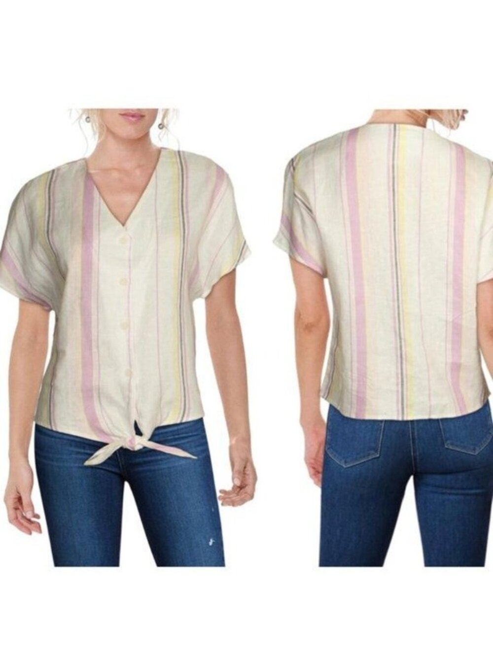 Three Dots Short Sleeves Tie Front Button-down Top - L